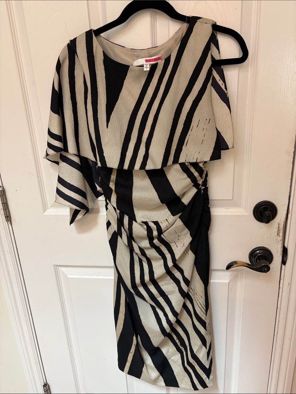 Tracy Reese One-Shoulder Dress in Black and Cream Stripe